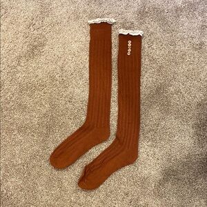 Brown Knee-High Socks with Lace Trim